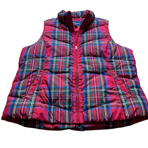 Lands End Size 1X Red Tartan Plaid Preppy Quilted Insulated Full Zip Puffer Vest - Picture 1 of 10